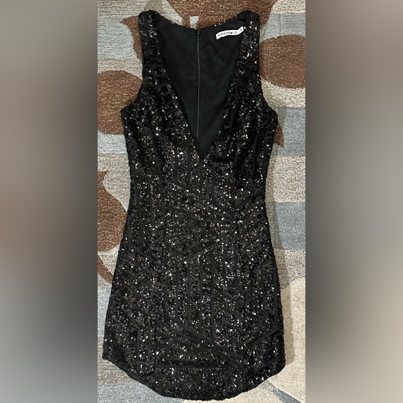 PepperMayo Sleeveless Plunging V Neck Sparkly Mini Dress in Geo Stripe Sequin - Picture 4 of 5